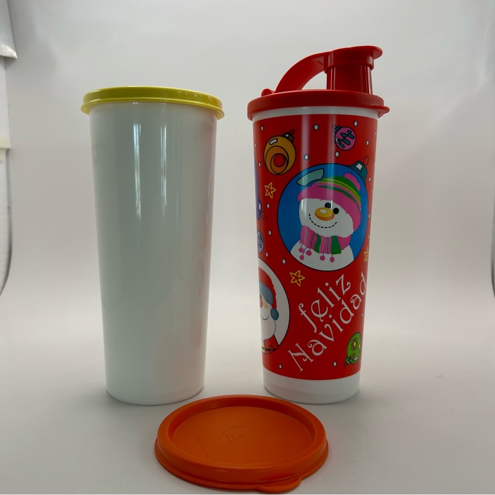Two New VintageTupperware 16oz cups one plain one Christmas theme“Feliz Navidad”